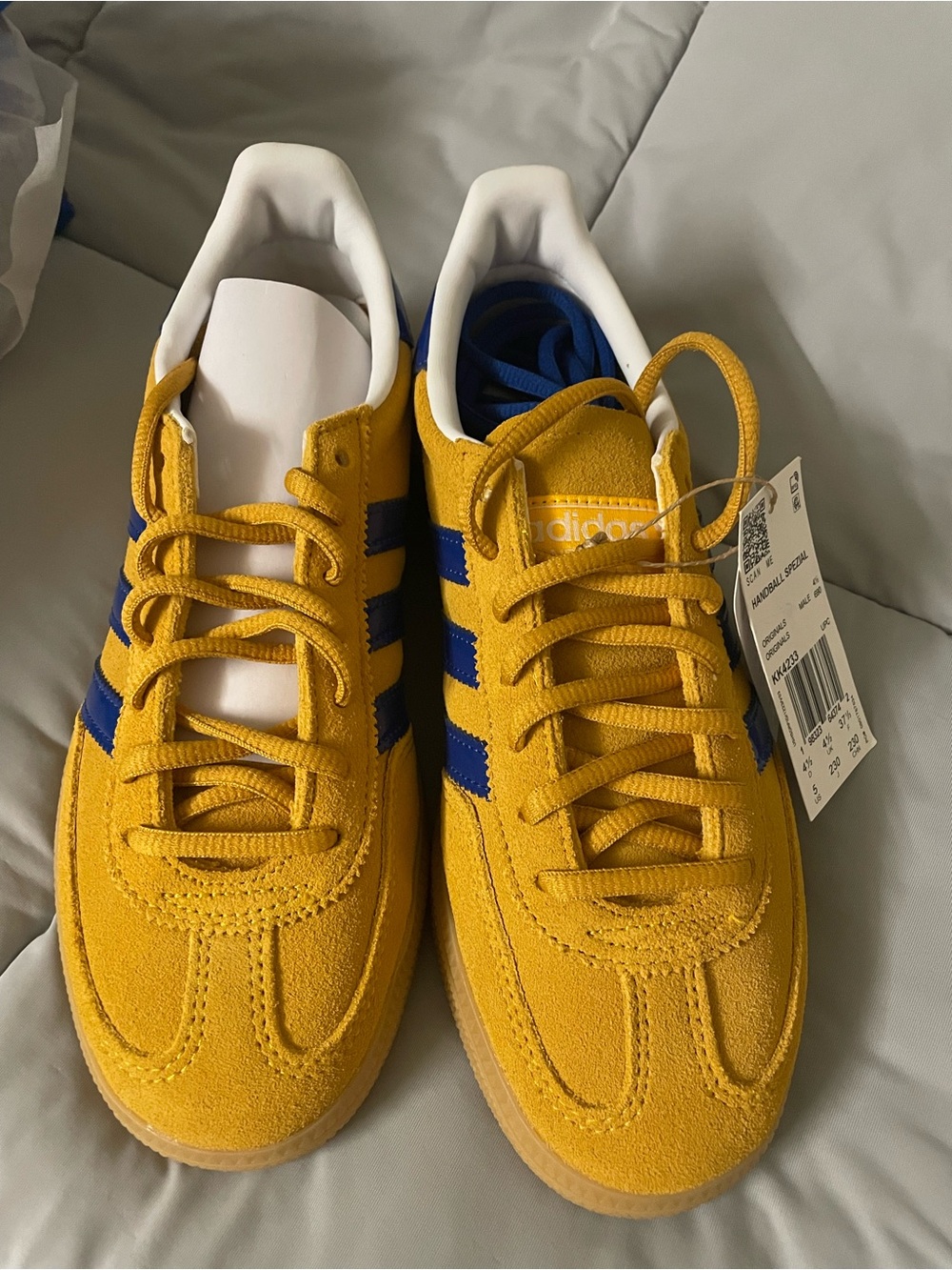 adidas Kids Yellow Suede Sneakers with Blue Stripes